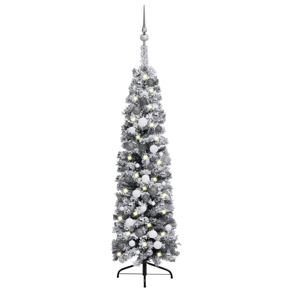 Slim Christmas Tree with LEDs&Ball Set&Flocked Snow Green