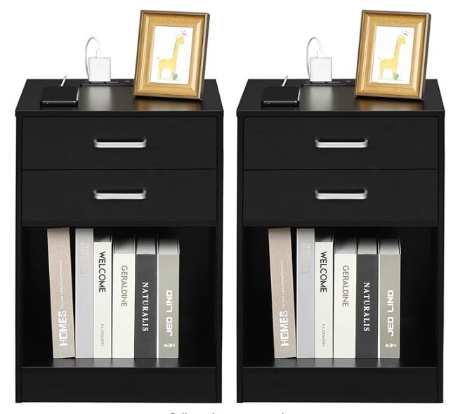 Night Stand Set 2, Black Nightstand with Charging Station and Drawers, Bedroom Nightstands Bedside Table with Drawers Set
