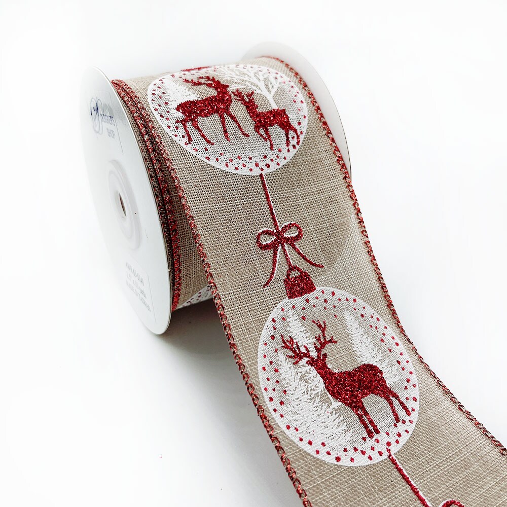 Holiday Reindeer Ornaments Burlap wired edge ribbons, 2.5" x 10 yards