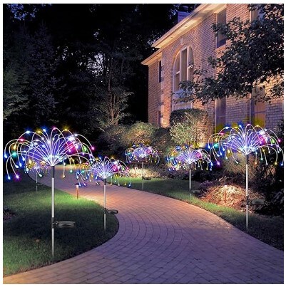 4 Pack 360 LED Waterproof Fireworks Lamp, Fairy Fireworks Light for Christmas Yard Patio Party Decor, Sparkler Lights with Large Capacity Solar Panels (Multi Colour)