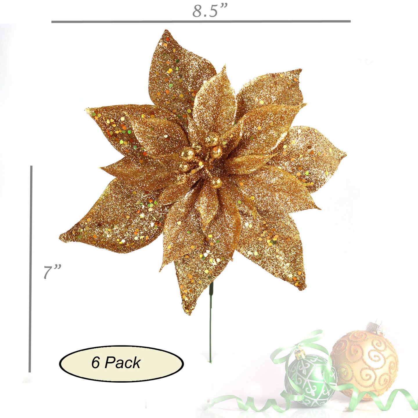 6-Pack: Sparkling Gold Glitter Poinsettia Flower Picks - 8.5&#x22; Wide Heads