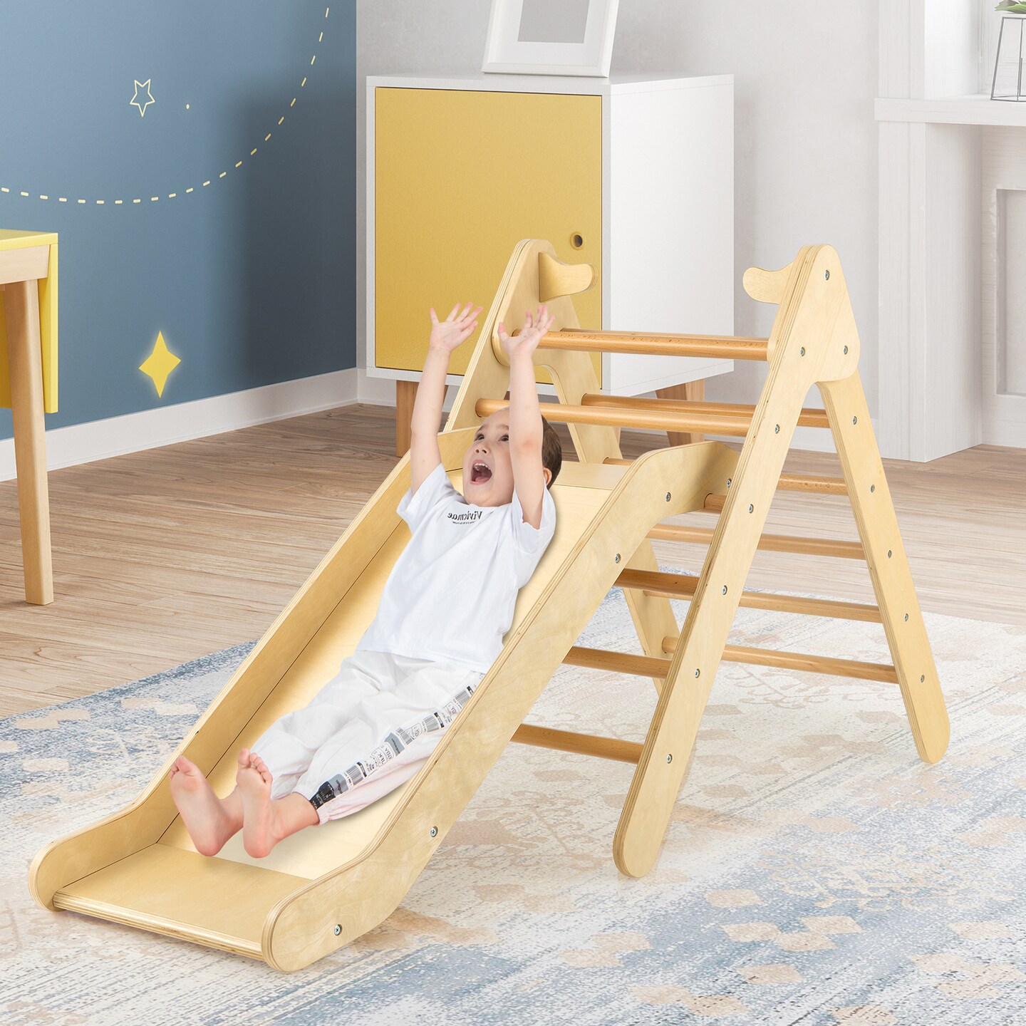 2-in-1 Wooden Triangle Climber Set with Gradient Adjustable Slide