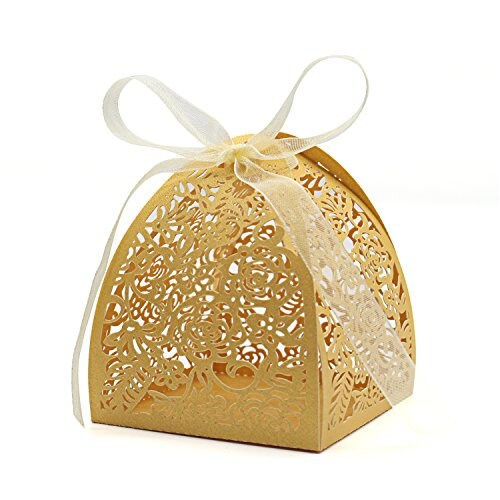 KPOSIYA Pack of 70 Laser Cut Rose Candy Boxes, Favor Boxes 2.5&#x22;x 2.5&#x22;x 3.1&#x22;, Gift Boxes for Bridal Shower Anniverary Birthday Party Wedding Favor (Gold)