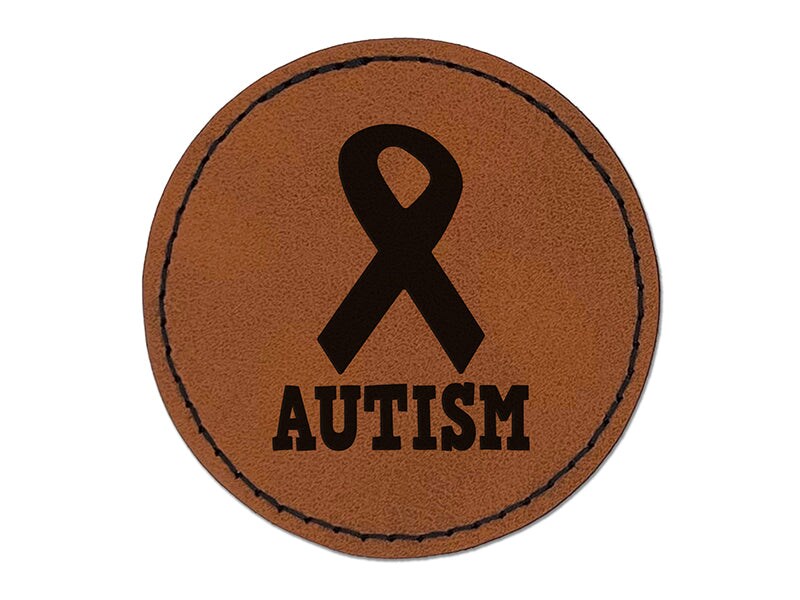 Autism with Awareness Ribbon Round Iron-On Engraved Faux Leather Patch Applique - 2.5&#x22;