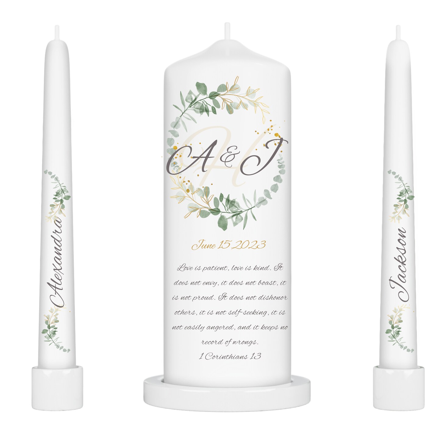 Unity Candle Wedding Set, Set of 3, Personalized Pillar and Taper Candles with Bible Quote