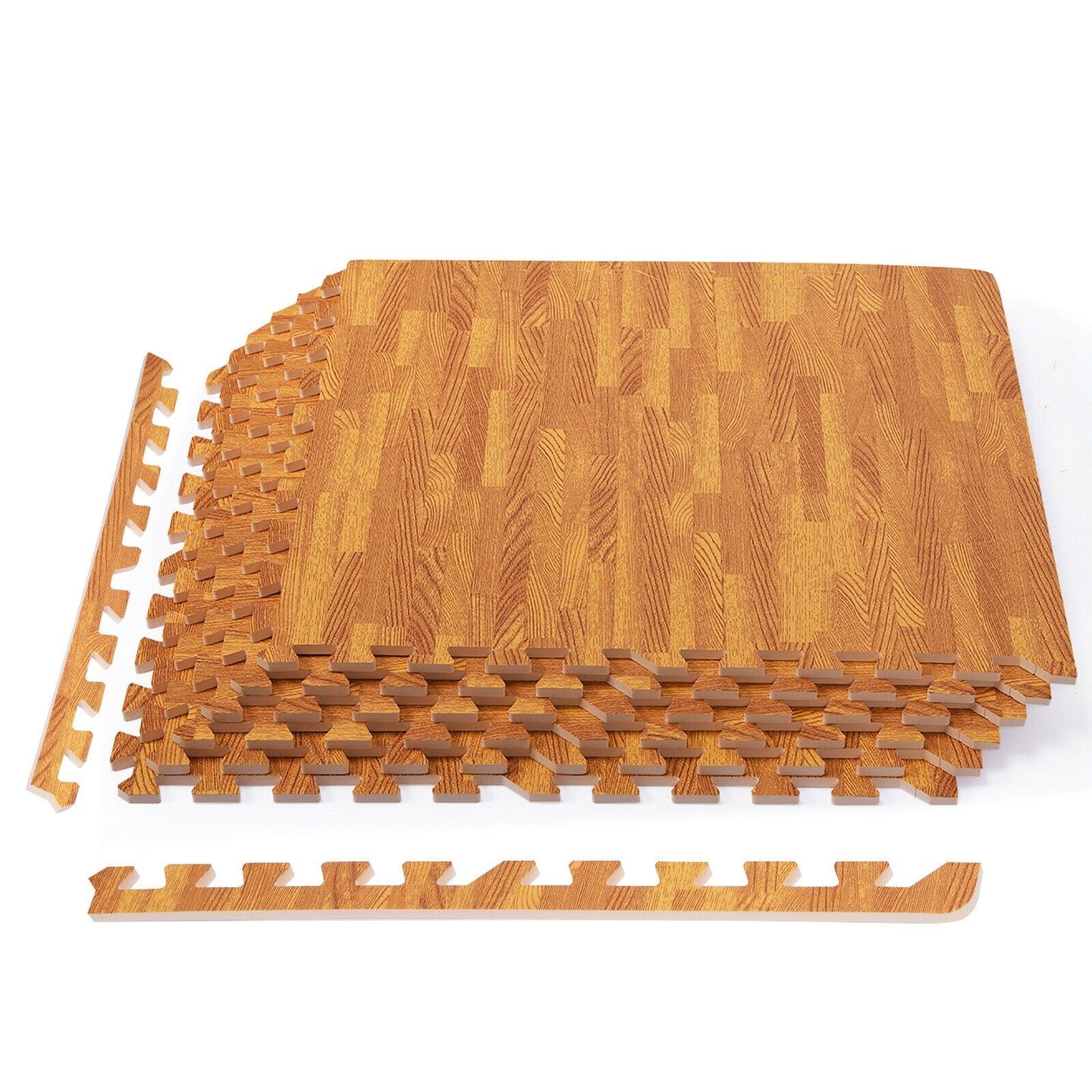 12 Pieces Wood Grain Interlocking Floor Mats with 2 Detachable Border Strips