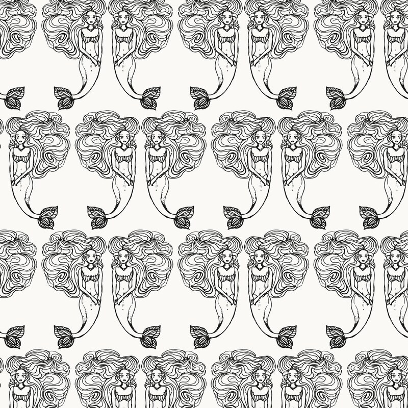 Tempaper Block Print Mermaids Peel and Stick Wallpaper White/Onyx Black