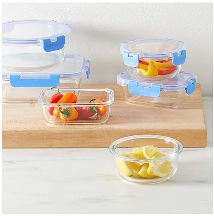 Glass Food Storage Container with BPA-Free Locking Lid - Clear with blue silicone ring, 14 piece set