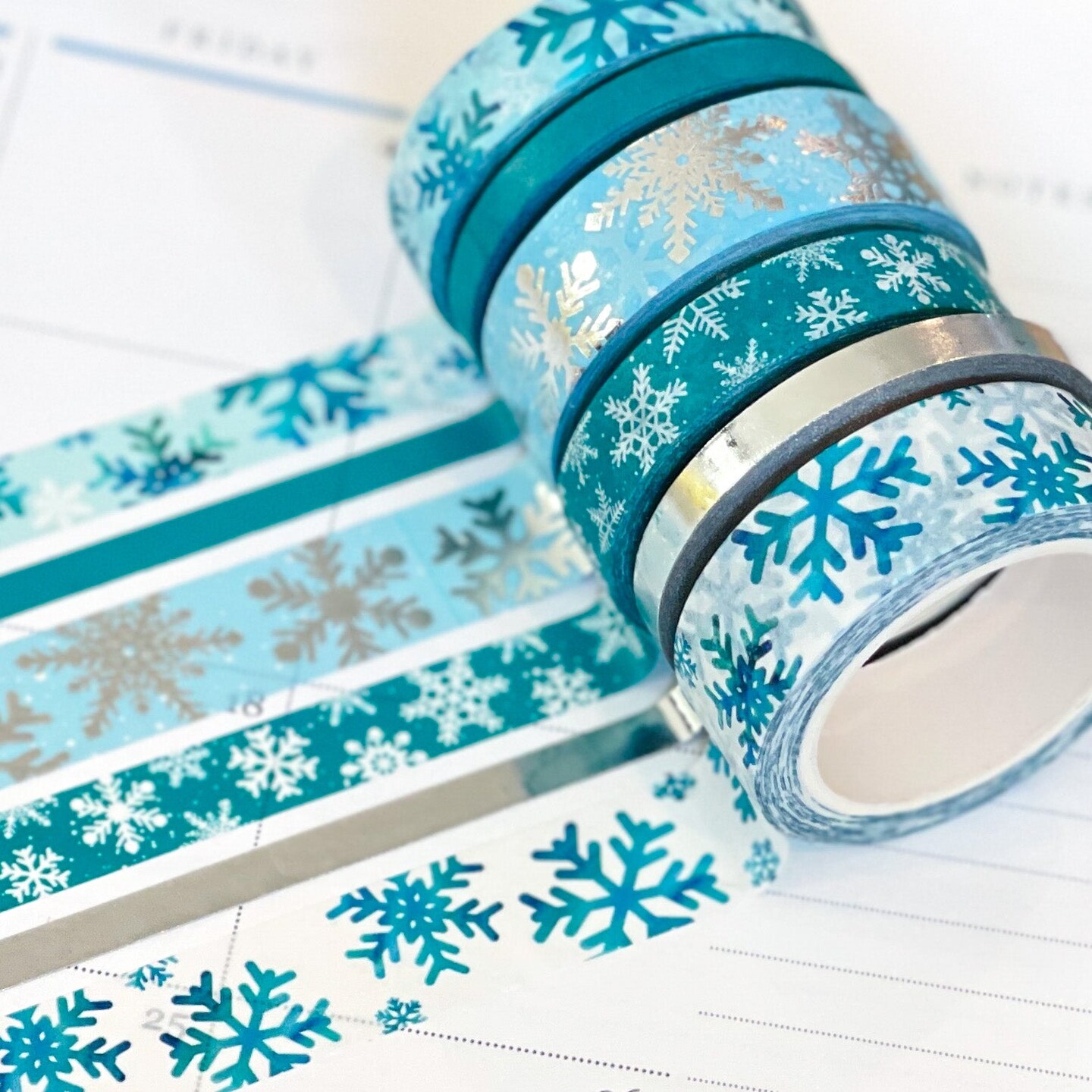 FOILED Teal & Silver Snowflakes Snowy Winter Washi Tape Set (#W005)