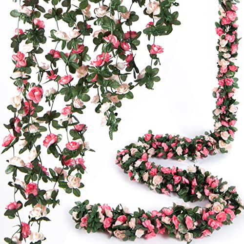 8 Pieces 66 ft Flower Garland, Artificial Rose Vine Flowers with Green Leaves Hanging for Room, Anniversary Wedding Birthday Christmas Wall Arch Decor, Spring Pink Flower