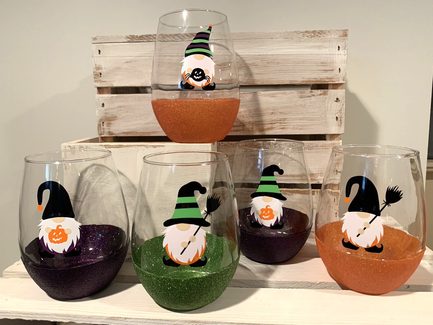 Fall, Autumn, Halloween Gnome Glitter Bottom Stemless Wine Glass |  MakerPlace by Michaels