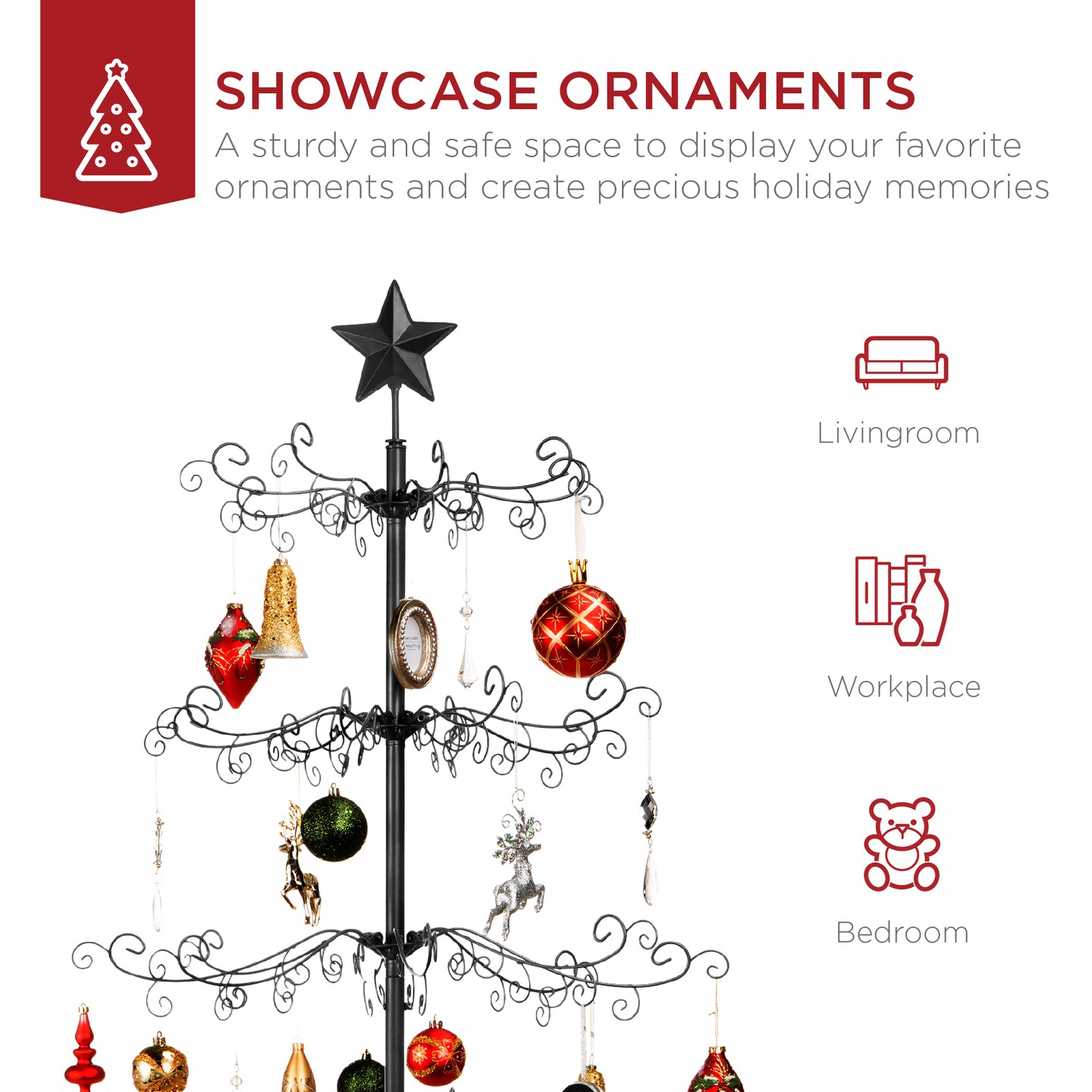 Best Choice Products Wrought Iron Ornament Display Christmas Tree w/ Easy Assembly, Stand