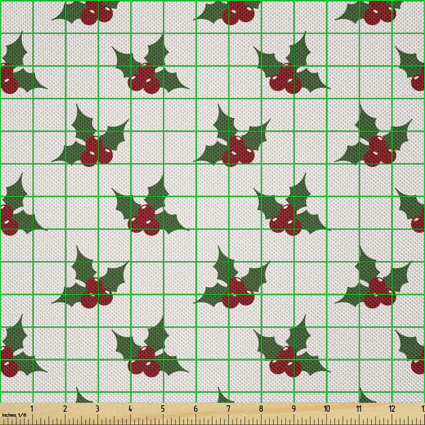 Ambesonne Christmas Fabric by The Yard, Holly Berries Mistletoe Fruit Pattern Seasonal of Peace Theme Print, Decorative Satin Fabric for Home Textiles and Crafts, 1 Yards, Red Green White