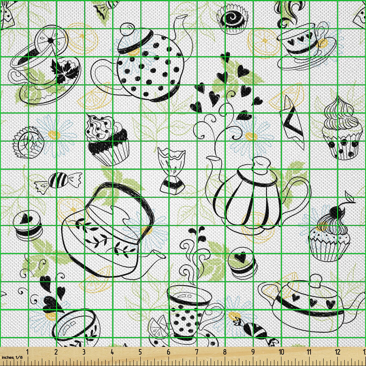Ambesonne Tea Party Fabric by The Yard, Hand Drawn Doodle Style Teapots Cups and Hearts Flowers Drinks, Decorative Satin Fabric for Home Textiles and Crafts, 2 Yards, White and Black
