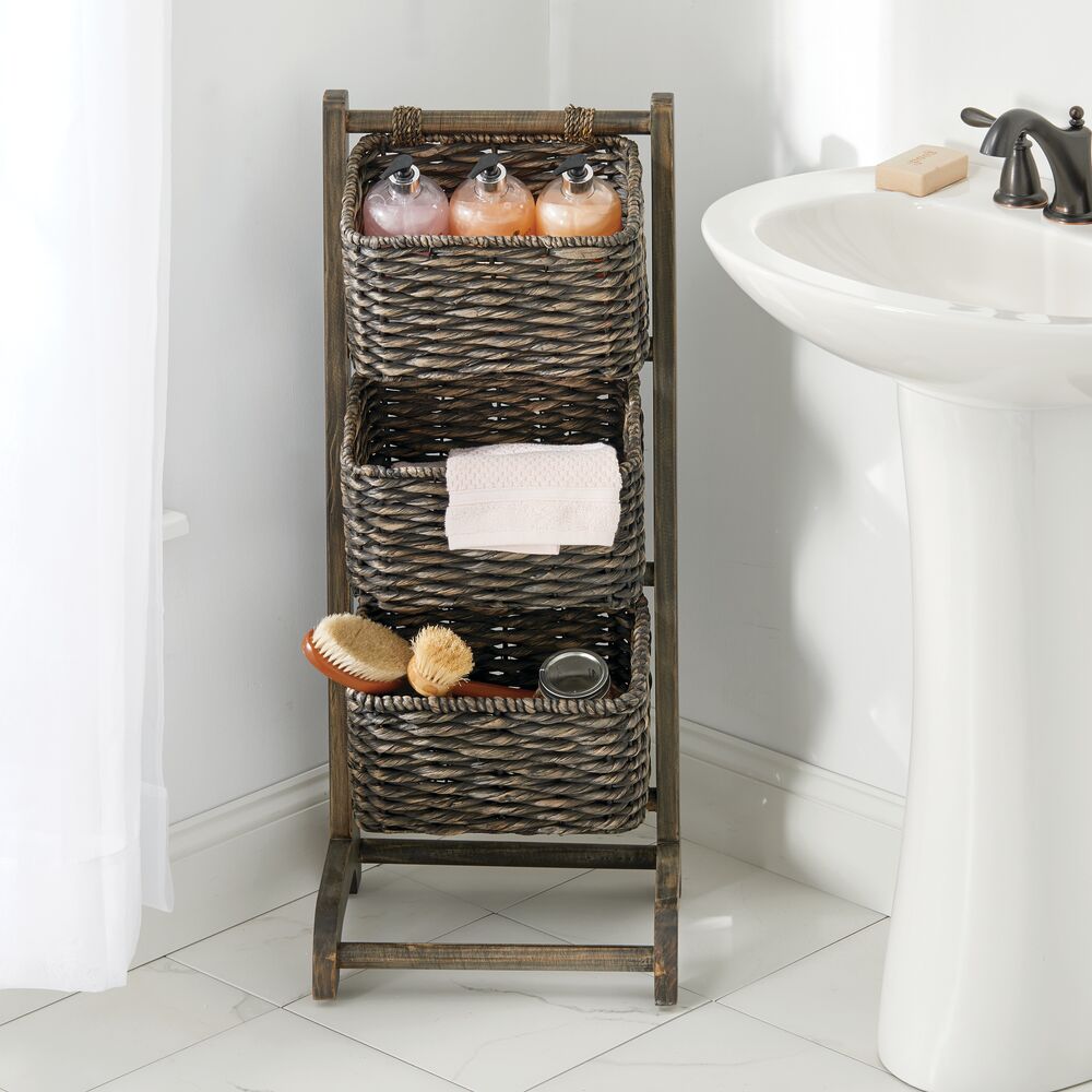 mDesign Water Hyacinth 3-Tiered Storage Baskets Floor Stand