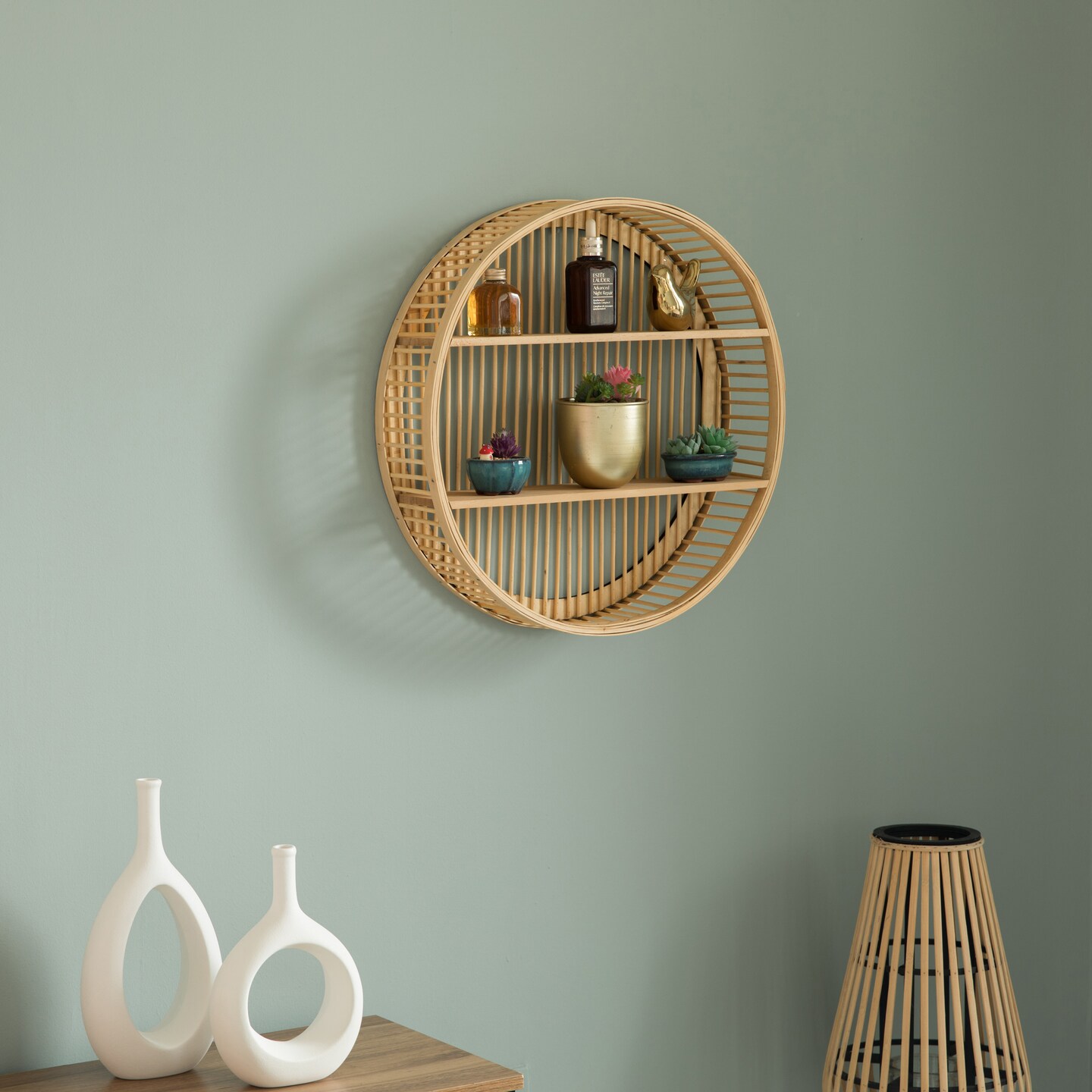 Decorative Rattan Round Display Shelf With 2 Shelves for The Dining Room, Living Room, or Office.