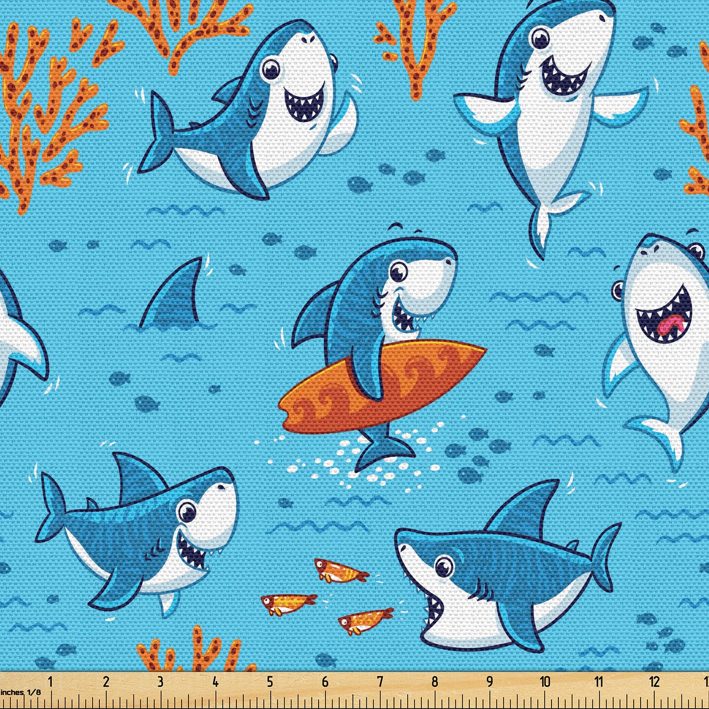Ambesonne Shark Fabric by The Yard, Underwater Fantasy World with Funny Fish Characters Cheerful Childish Mascots, Decorative Fabric for Upholstery and Home Accents, 1 Yard, Orange White