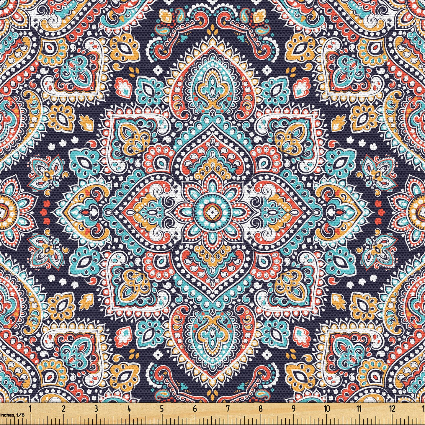 Ambesonne Ethnic Fabric by The Yard, Bohemian Style Motif Vintage Oriental Inspired Traditional Art, Decorative Fabric for Upholstery and Home Accents, 3 Yards, Navy Teal