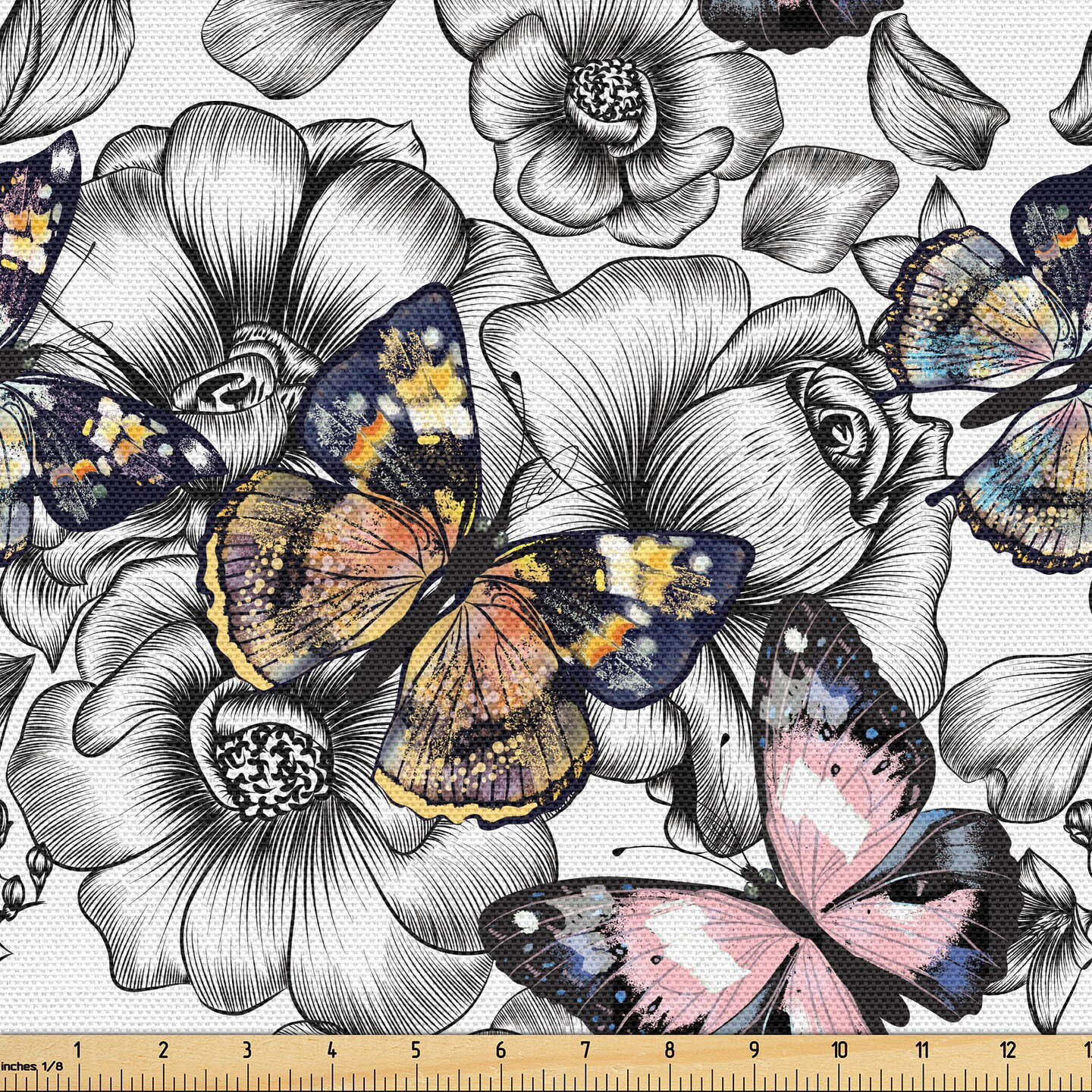 Ambesonne Butterfly Fabric by The Yard, Monarch Butterflies on Hand Drawn Flowers Nostalgic Retro Style Pattern, Decorative Fabric for Upholstery and Home Accents, 5 Yards, Grey Pink