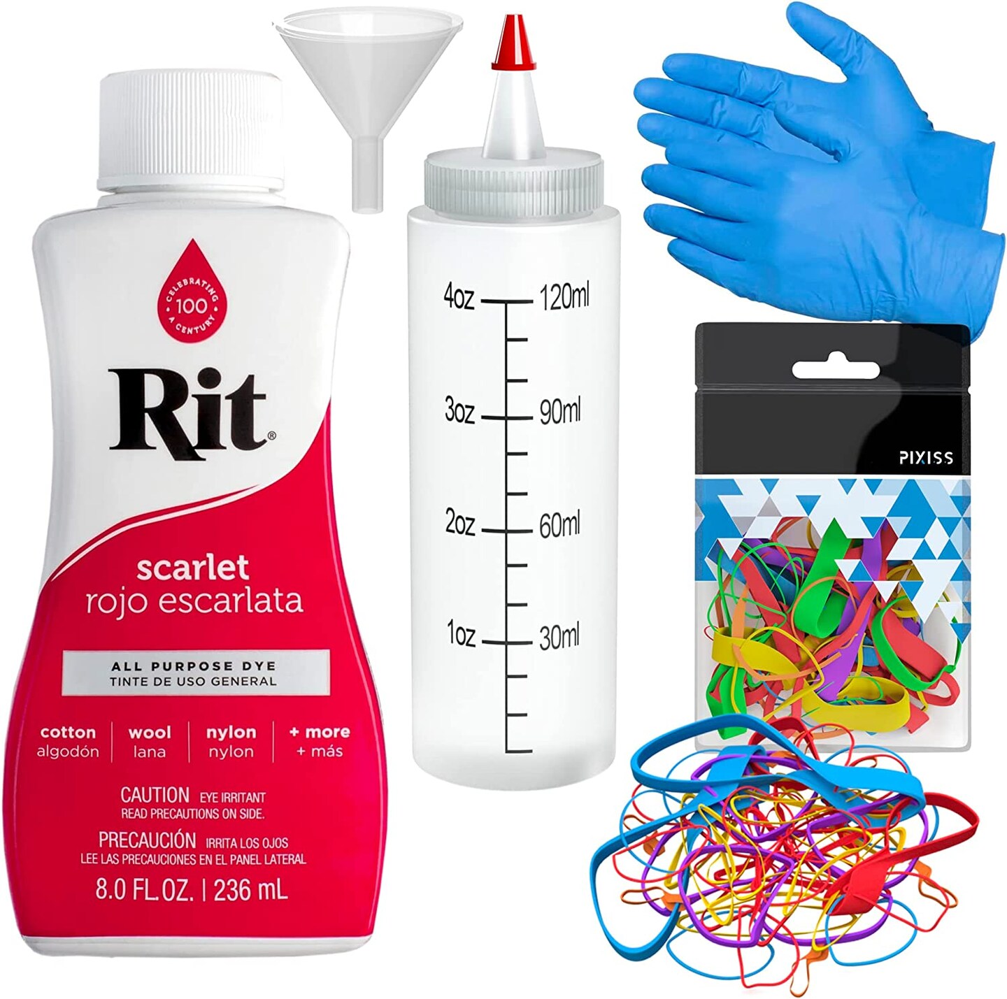Rit Dye Liquid Scarlet All-Purpose Dye 8oz, Pixiss Tie Dye Accessories Bundle