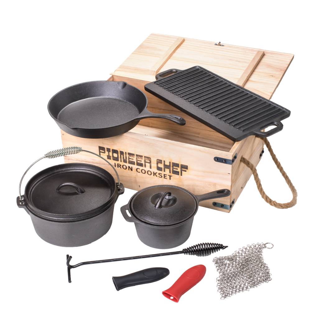 Lehman&#x27;s Campfire Cookware Set, Cast Iron Stew Pot, Skillet, Dutch Oven with Rack and Lid Lifter, Reversible Grill and Scrubbers
