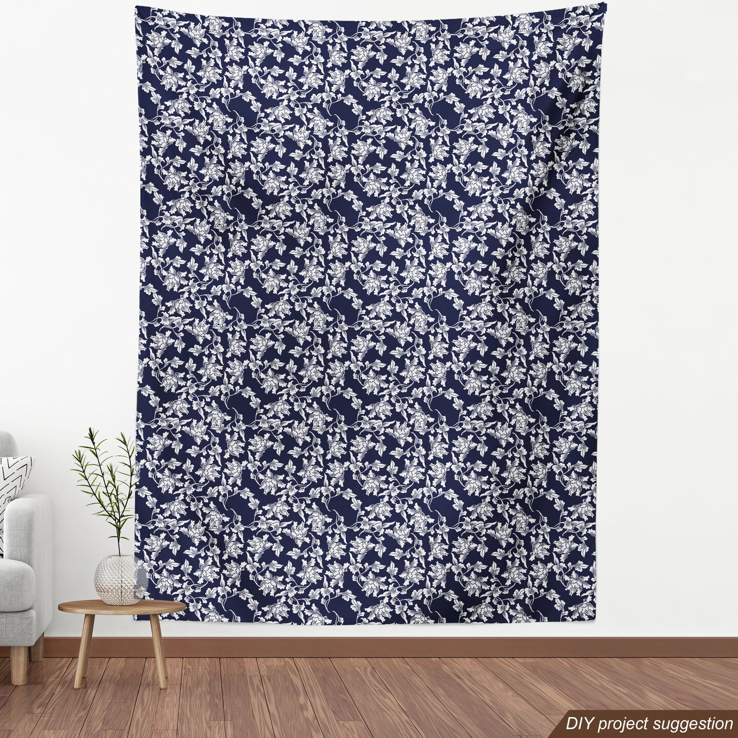 Ambesonne Navy Blue Fabric by The Yard Floral Arrangement Botanic Foliage Pattern Japanese Composition Eastern Decorative Fabric for Headboard Upholstery Table Runner Seat Cushion 2 Yards Blue White