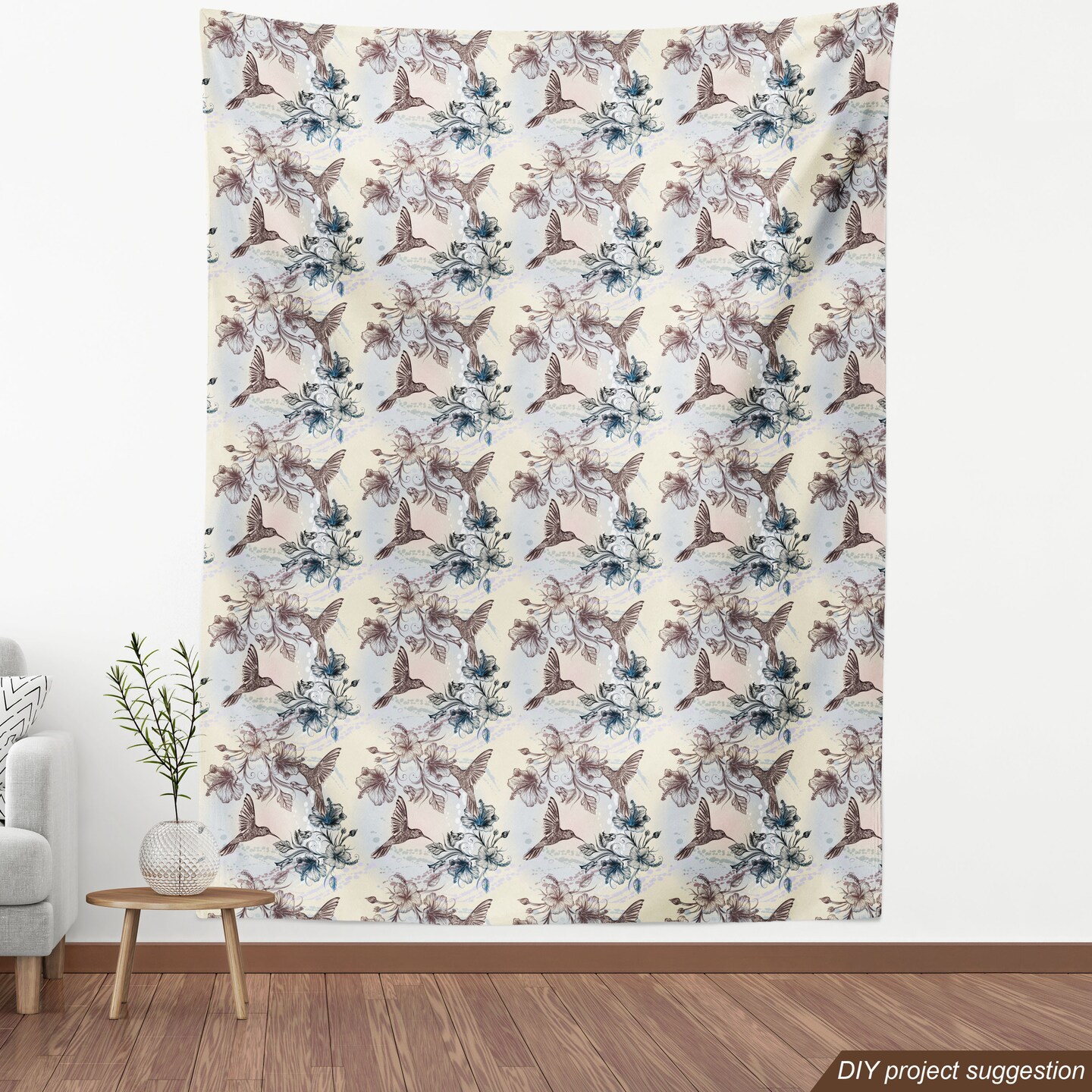 Ambesonne Hummingbird Fabric by The Yard, Birds and Hibiscus Flowers Nostalgia Antique Design Classical Print, Decorative Fabric for Upholstery and Home Accents, 2 Yards, Teal Brown
