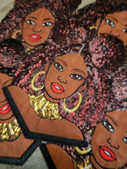 Patch Party Club “Satin and Sequins: Afro Puff Cutie” Iron-On Embroidered Patch, Size 10”