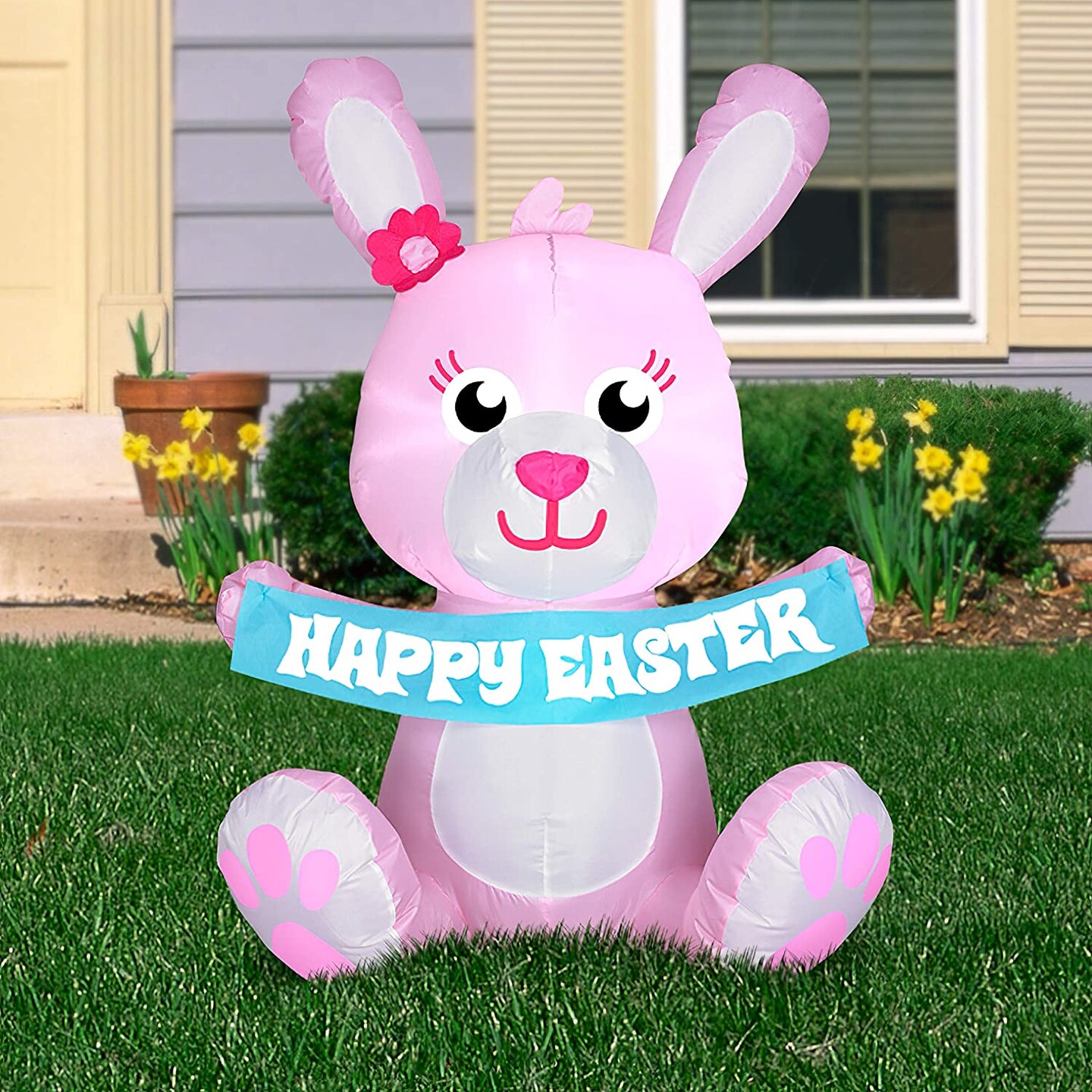 3.5&#x27; Gemmy Airblown Inflatable PINK Bunny w/ &#x22;Happy Easter&#x22; Banner 44085