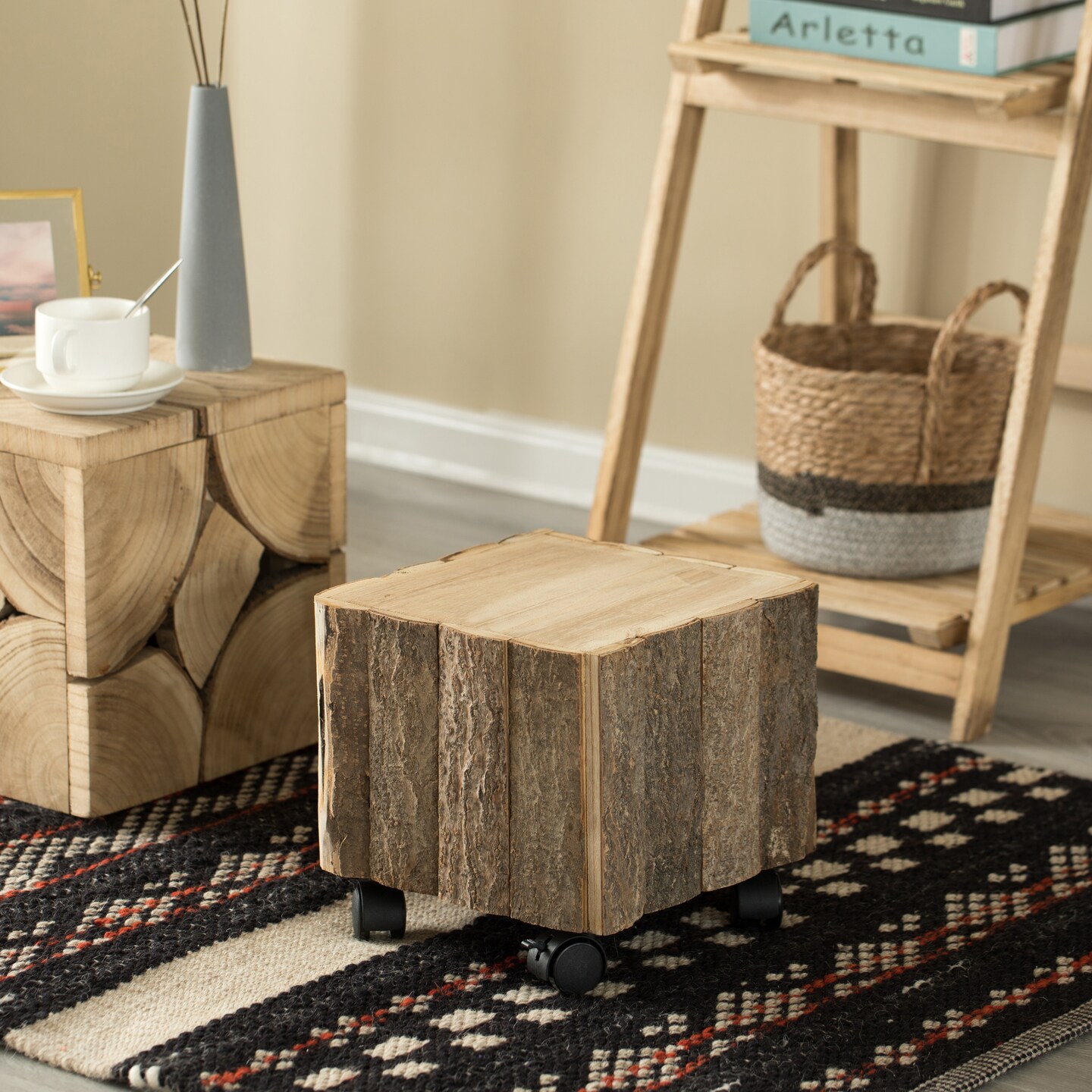 Accent Decorative Natural Wooden Square Stump Stool, with Wheels for Indoor and Outdoor