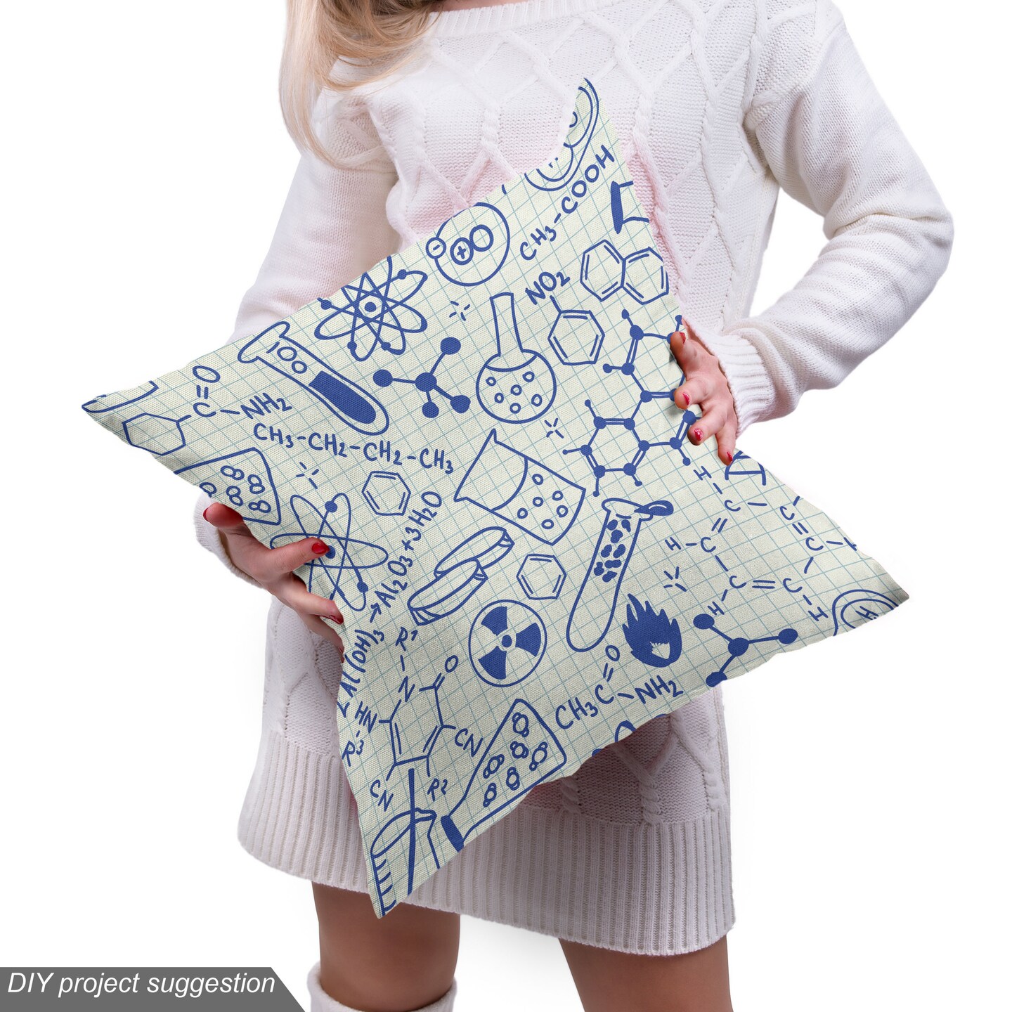 Ambesonne Cartoon Fabric by The Yard, Science Chemistry Geometry Math Nerd Geek and Genius Themed Design Art, Decorative Fabric for Upholstery and Home Accents, 5 Yards, Ivory Blue