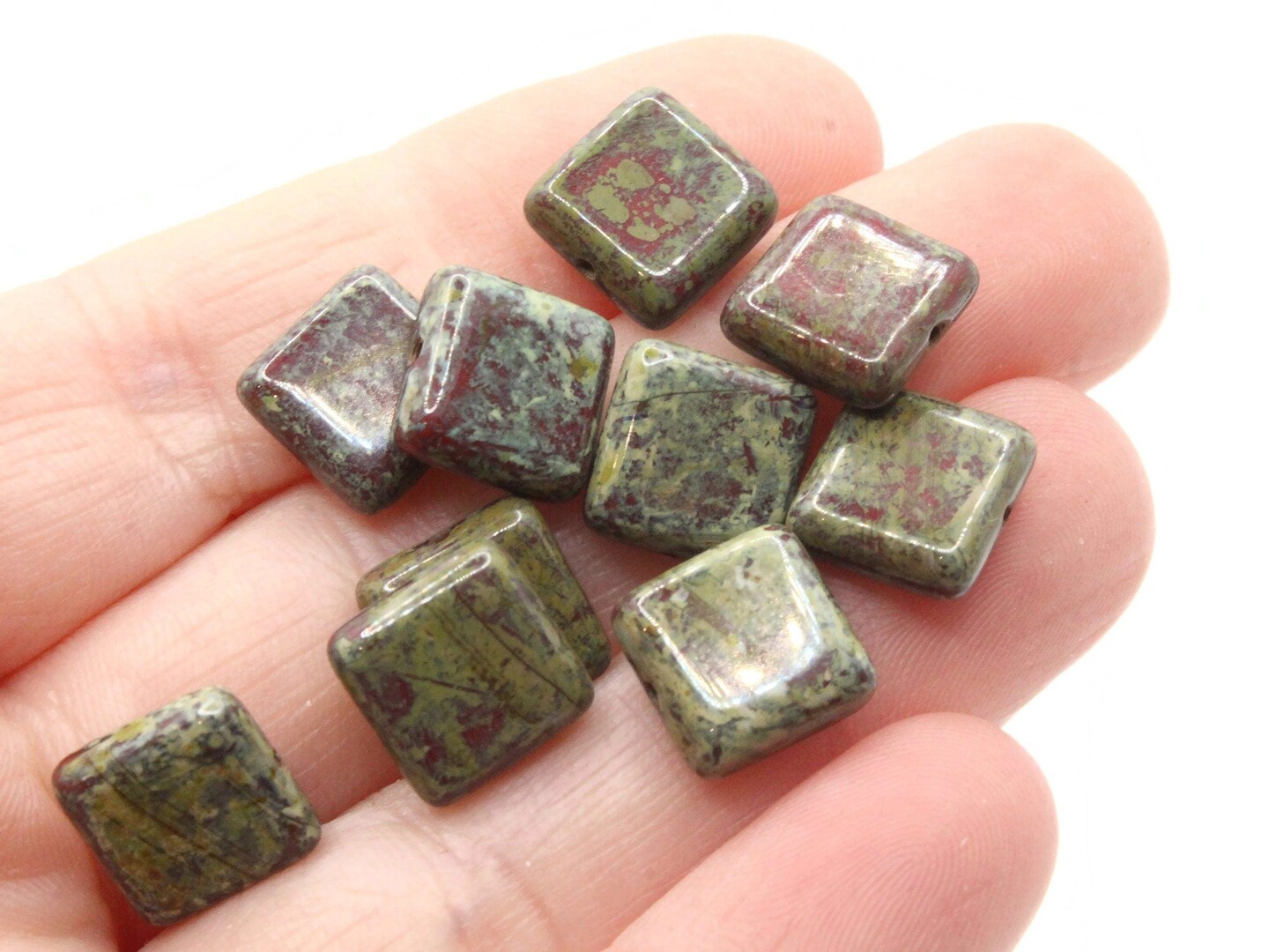 10 10mm Green, Red and Cream Square Glass Stone Look Beads