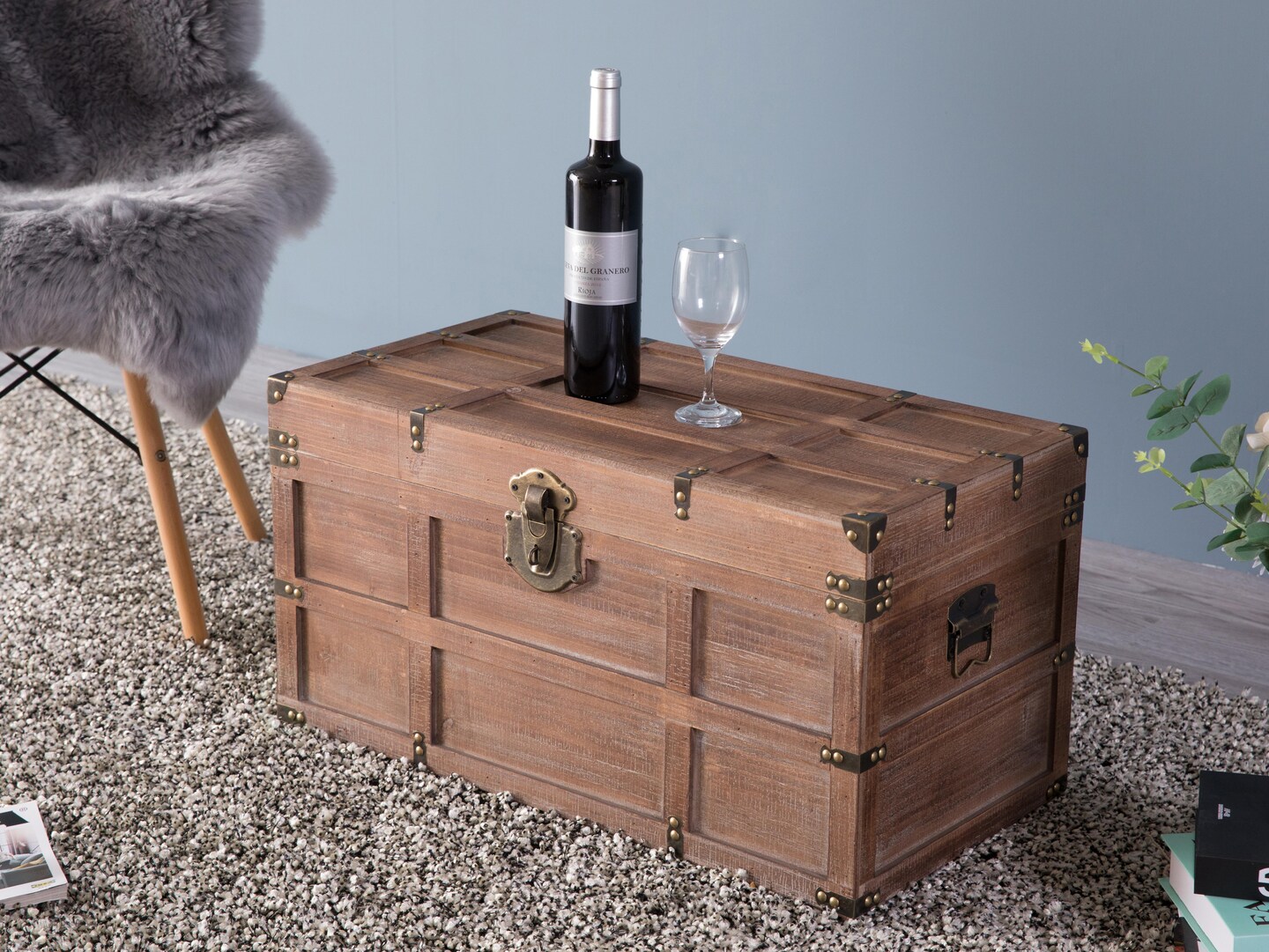 Wooden Rectangular Lined Rustic Storage Trunk with Latch