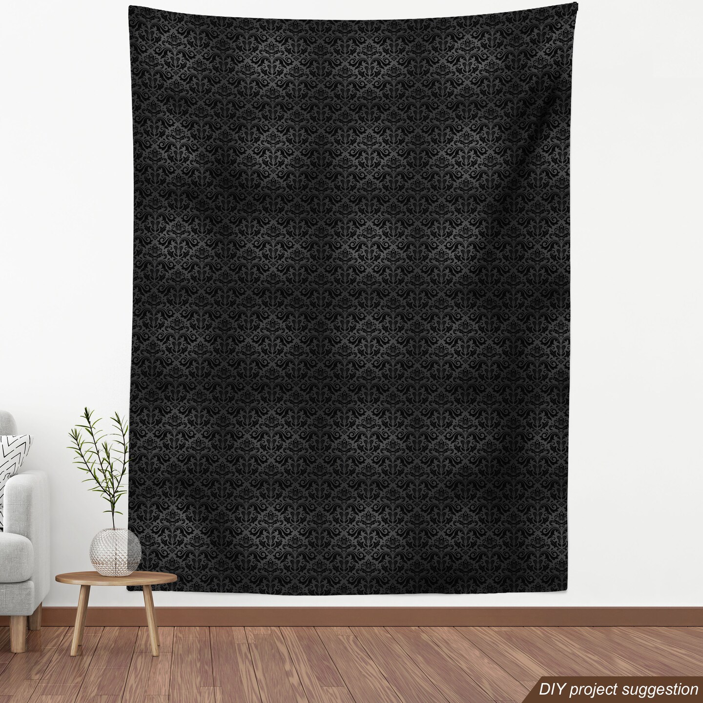 Ambesonne Dark Grey Fabric by The Yard, Black Damask and Floral Elements Oriental Antique Ornament Vintage, Decorative Fabric for Upholstery and Home Accents, 2 Yards, Black Grey