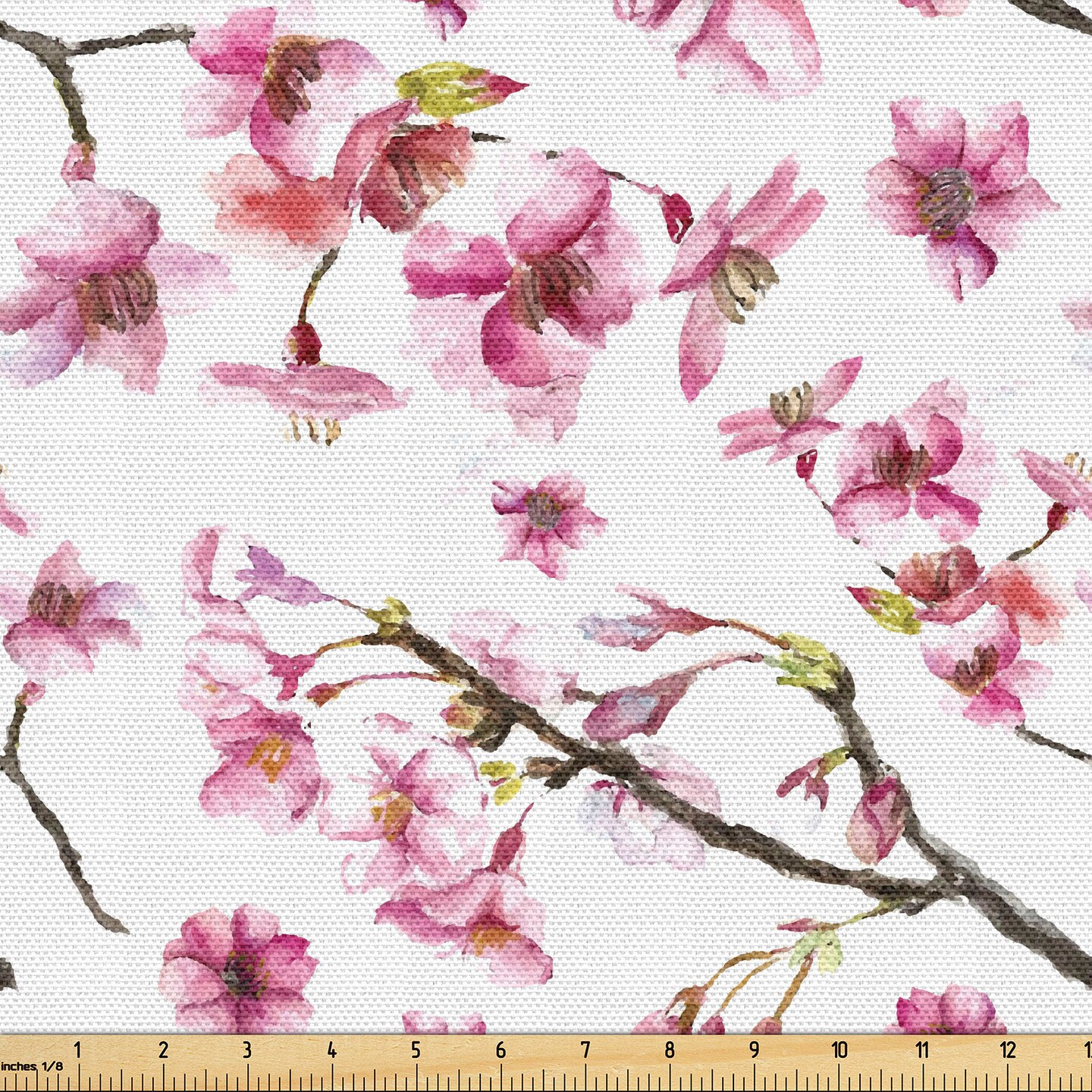 Ambesonne Cherry Blossom Fabric by The Yard Watercolor Style Oriental Pattern with Sakura Branch Decorative Material for Upholstery Kitchen Valance Seat Cushion and House Accents 3 Yards Green Pink