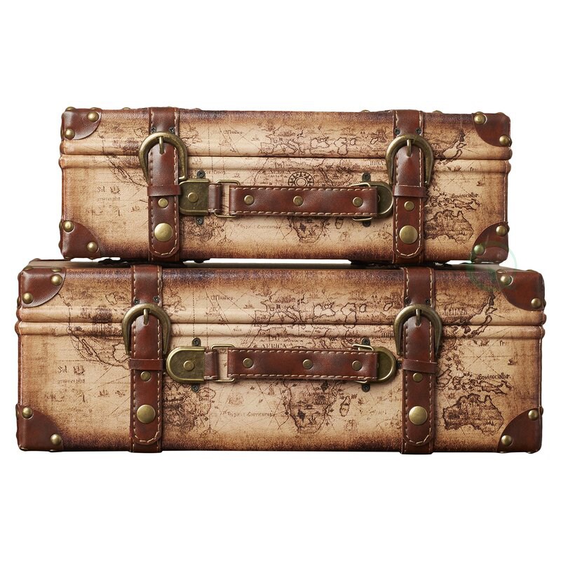 Old World Map Leather Vintage Style Suitcase with Straps, Set of 2