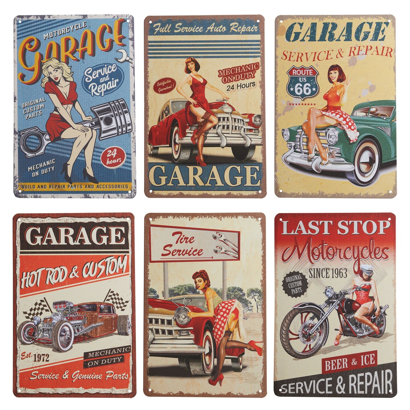 Vintage Metal Signs for Garage, Retro Wall Decor (8 x 11.8 in, 6 Pack)