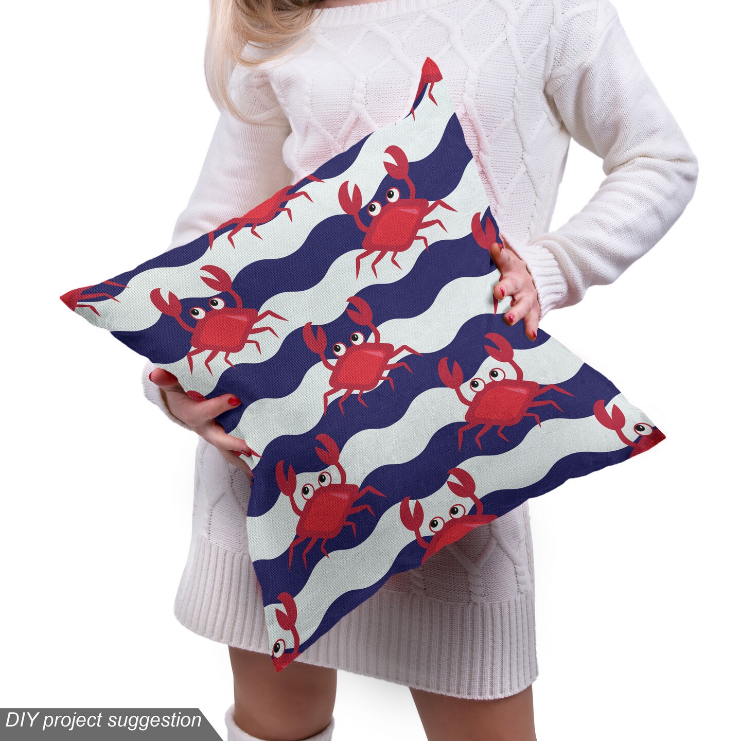 Ambesonne Crabs Fabric by The Yard, Nautical Maritime Theme Crabs on Striped Background Illustration Print, Decorative Fabric for Upholstery and Home Accents, 3 Yards, Red Blue