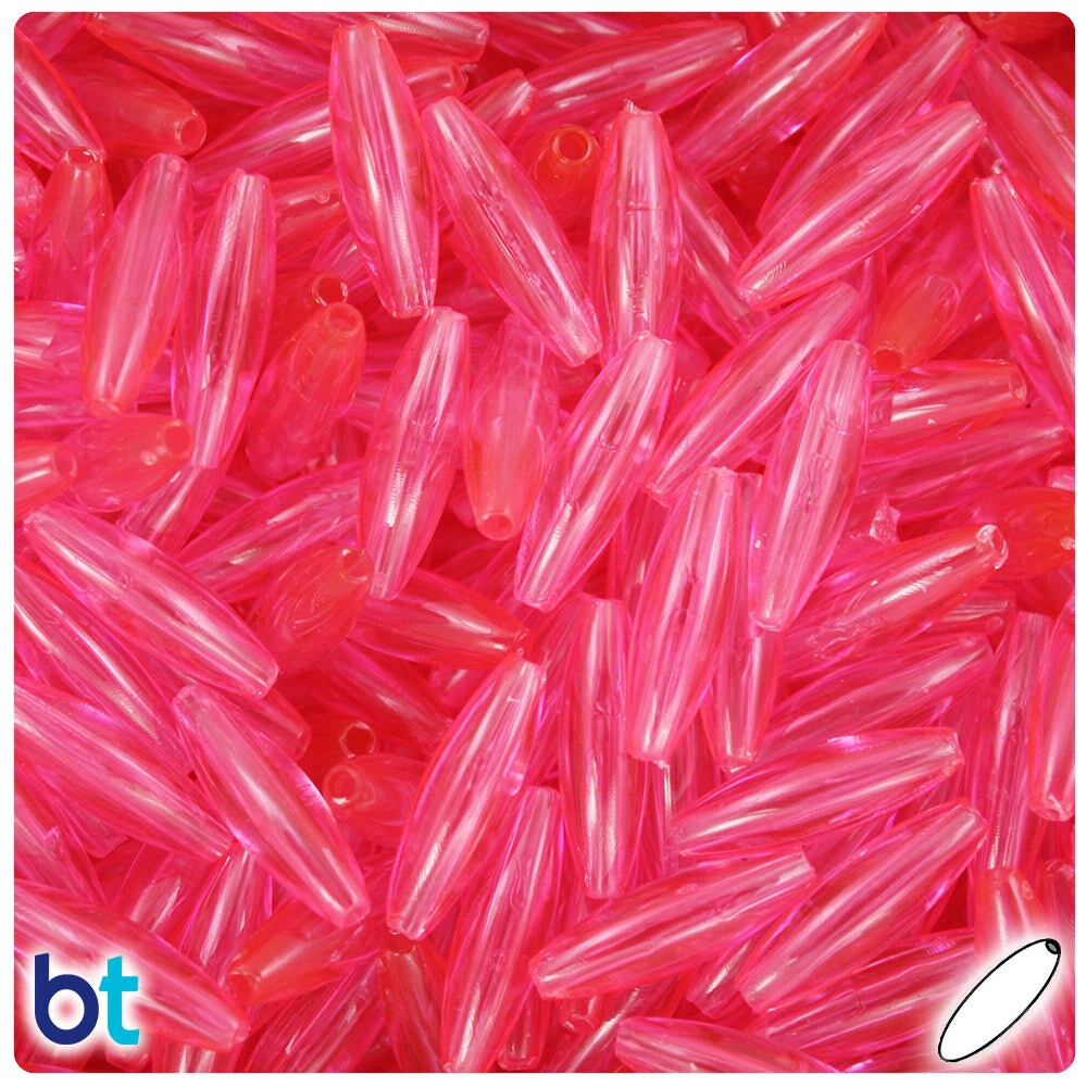 BeadTin Medium Pink Transparent 19mm Spaghetti Plastic Craft Beads
