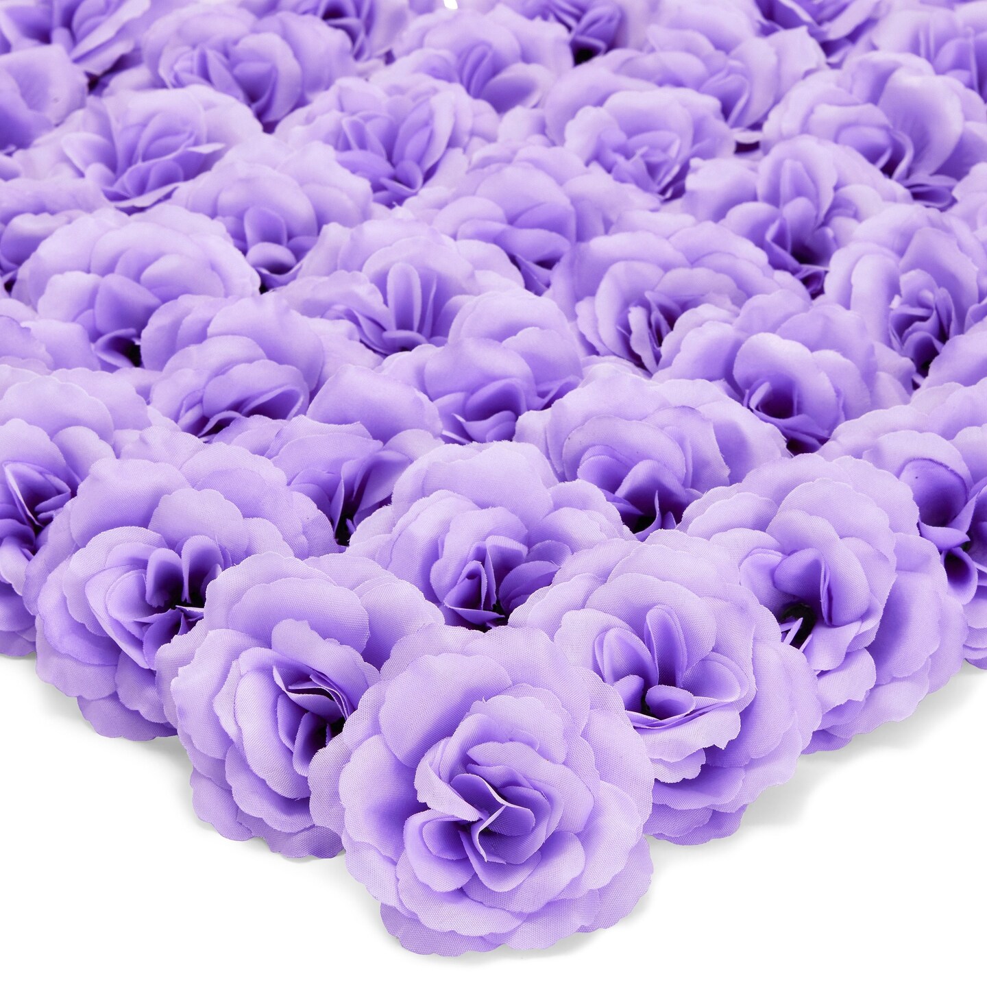 50 Pack Artificial Light Purple Roses for Valentine&#x27;s Decorations, DIY Crafts, 3-Inch Stemless Flower Heads for Wall Decor, Weddings, Bouquets