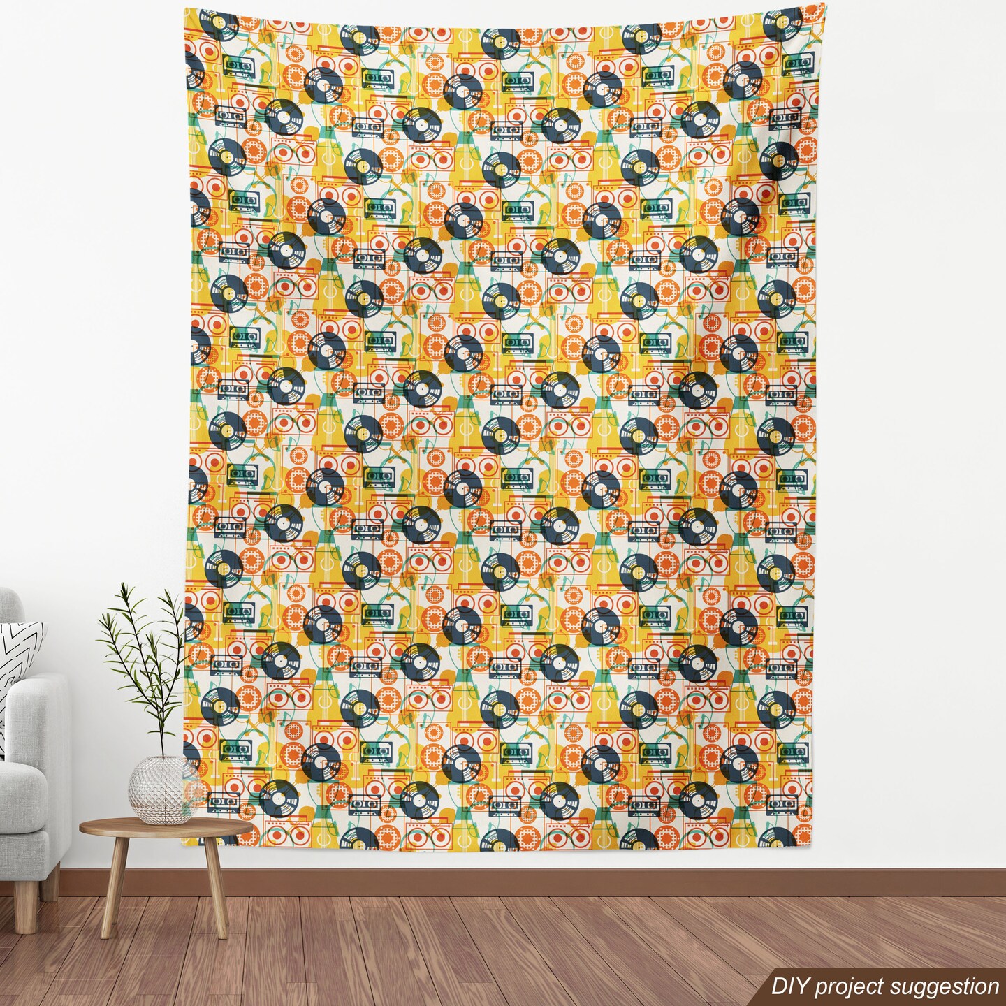 Ambesonne Music Fabric by The Yard, Pattern with Musical Instruments in Flat Design Style Cassette Radio Vinyl Nostalgic, Decorative Fabric for Upholstery and Home Accents, 5 Yards, Yellow Grey