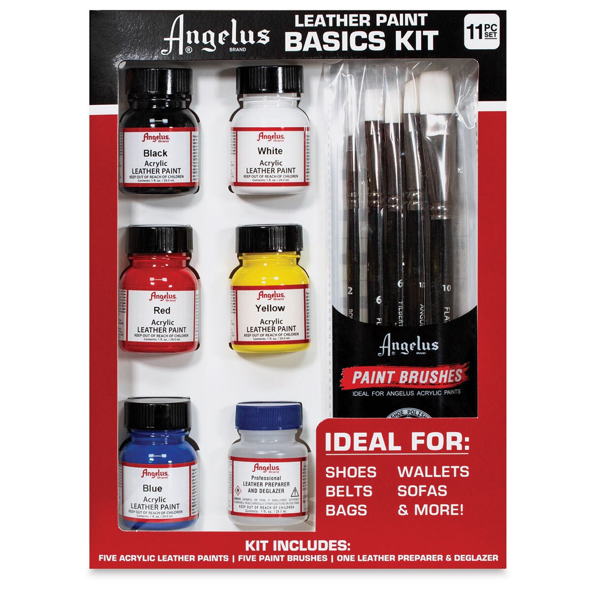 Angelus Acrylic Leather Paint Set - Basics, Assorted Colors, Set of 6
