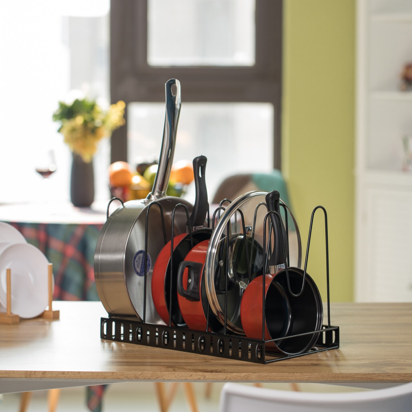 Black Iron Pan Organizer 8 Adjustable Tiers, Kitchen Pans and Pot Organizer