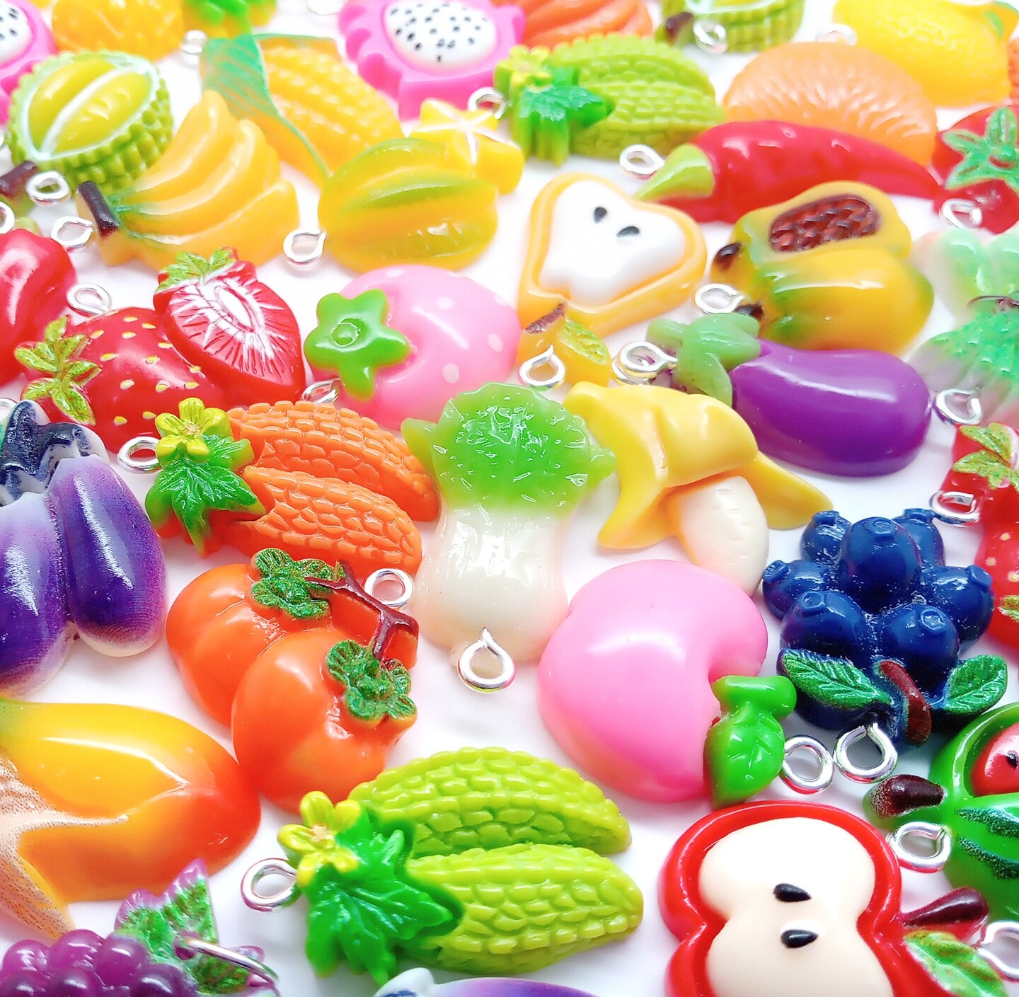 Fruit and Vegetable Charms, 20 piece Mix, Resin Cabochon Food Pendants, Adorabilities