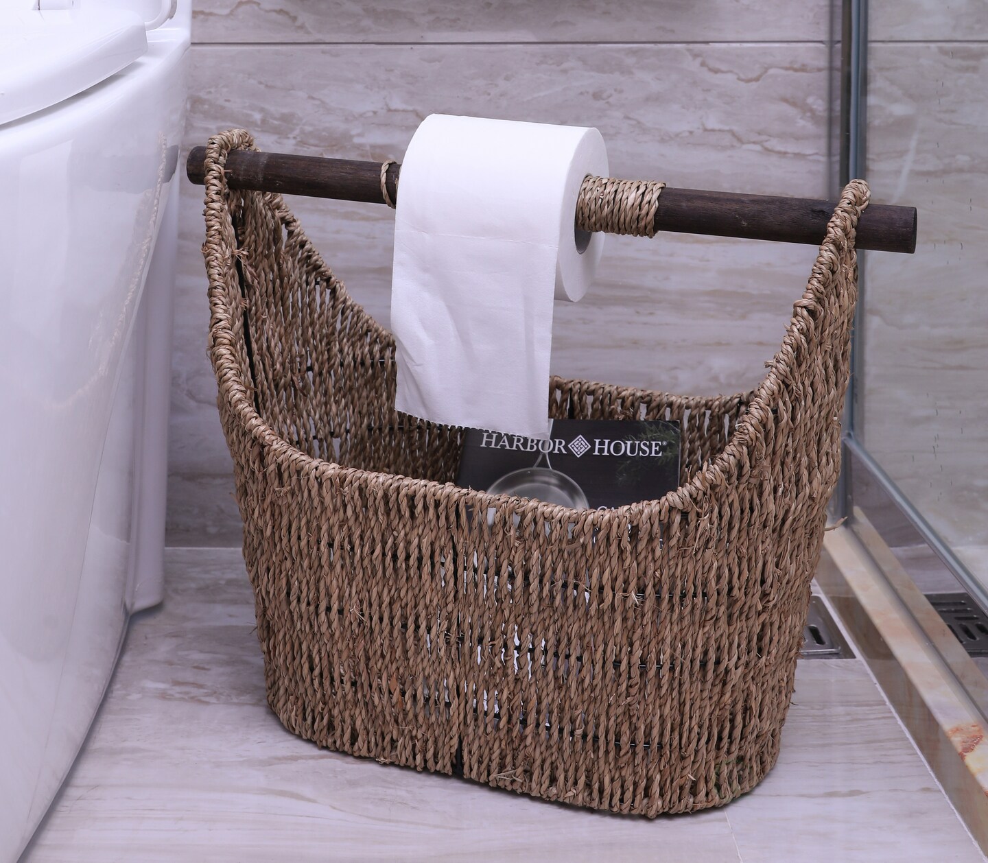 Seagrass Decorative Bathroom Basket &#x2013; Handwoven Magazine Rack, Storage Organizer for Small Essentials, Washcloths and Toiletries, with Wooden Rod Toilet Paper Holder for Easy Dispensing