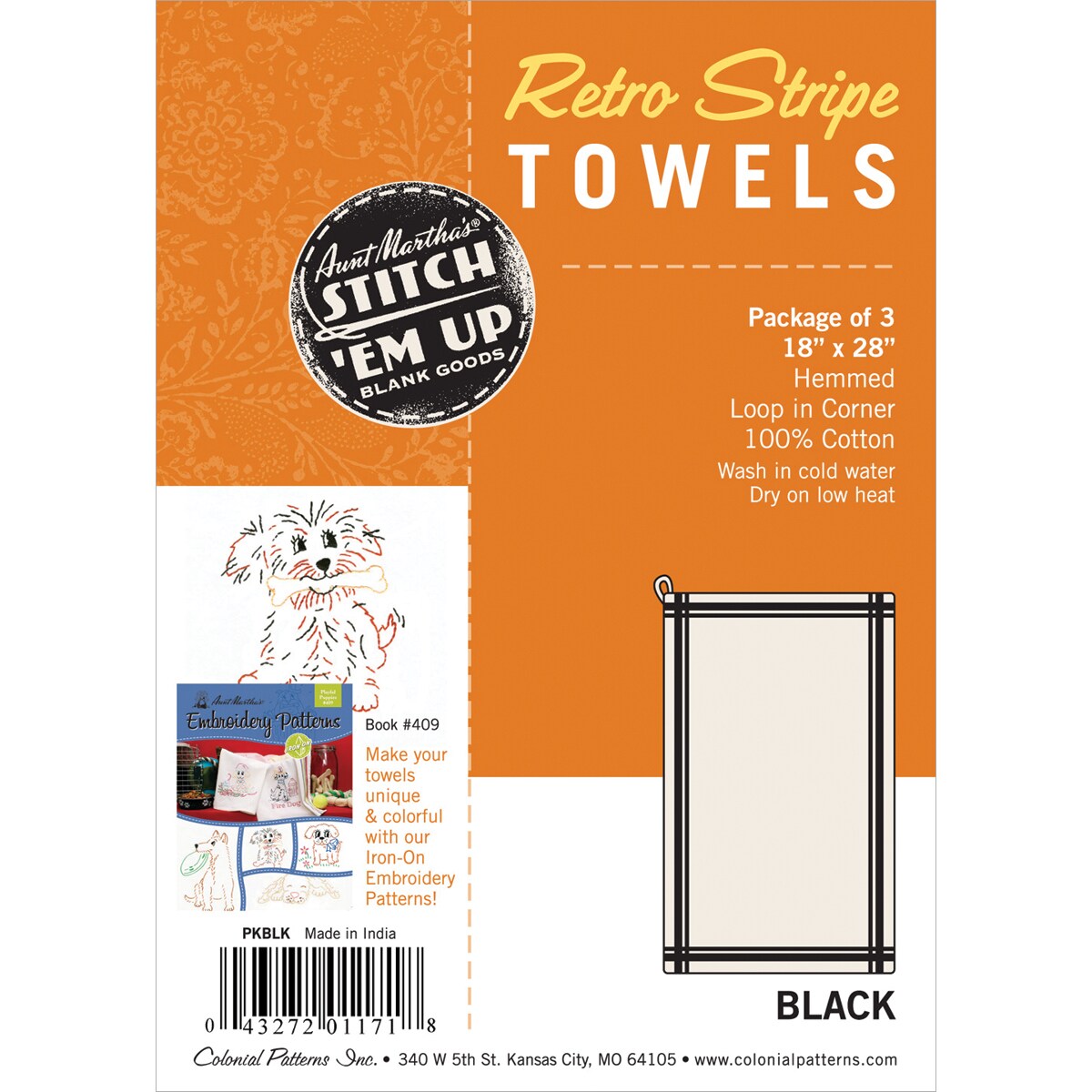 Aunt Martha's Stitch 'Em Up Retro Stripe Towels 18x28 3/Pkg Black Stripe