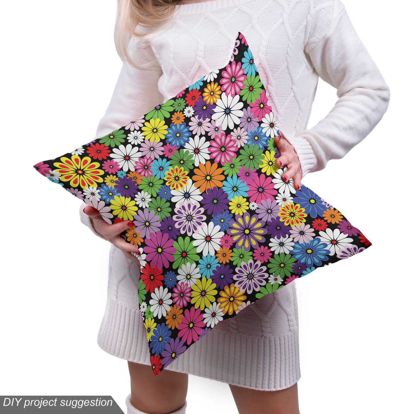 Ambesonne Flower Fabric by The Yard, Floral Vivid Pattern with Colorful Flowers Daisies Wildflowers Cheerful Natural, Decorative Fabric for Upholstery and Home Accents, 1 Yard, Purple Black
