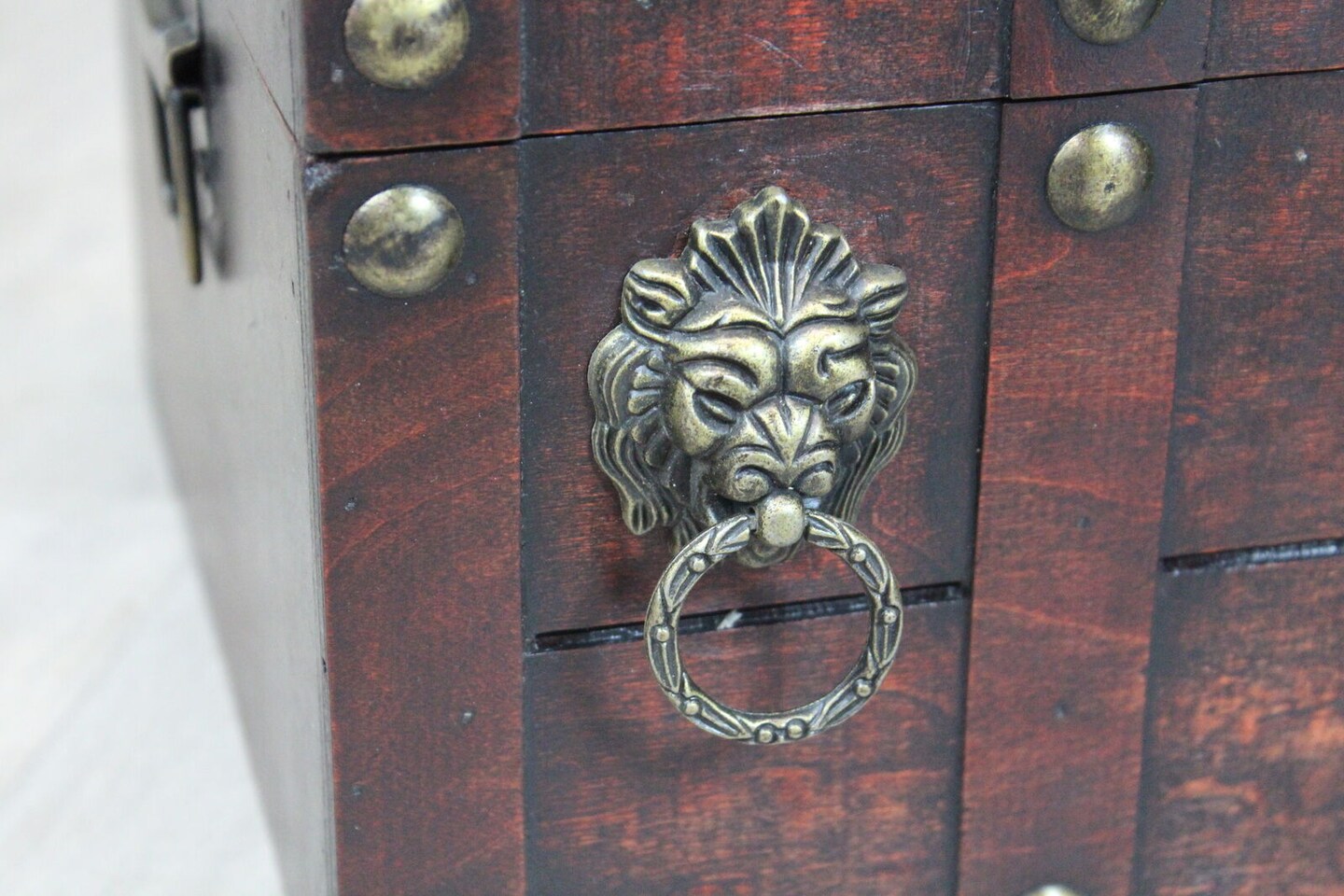 Antique Wooden Pirate Treasure Chest with Lion Rings and Lockable Latch