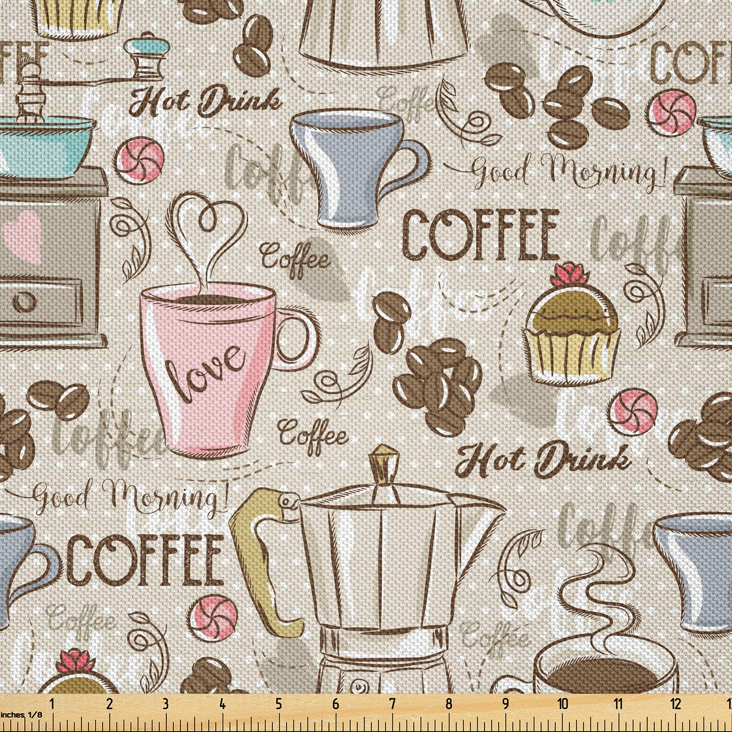 Ambesonne Modern Fabric by The Yard, Coffee Time Vintage Espresso Machine Cupcakes Beans Design, Decorative Satin Fabric for Home Textiles and Crafts, 10 Yards, Pale Pink Beige