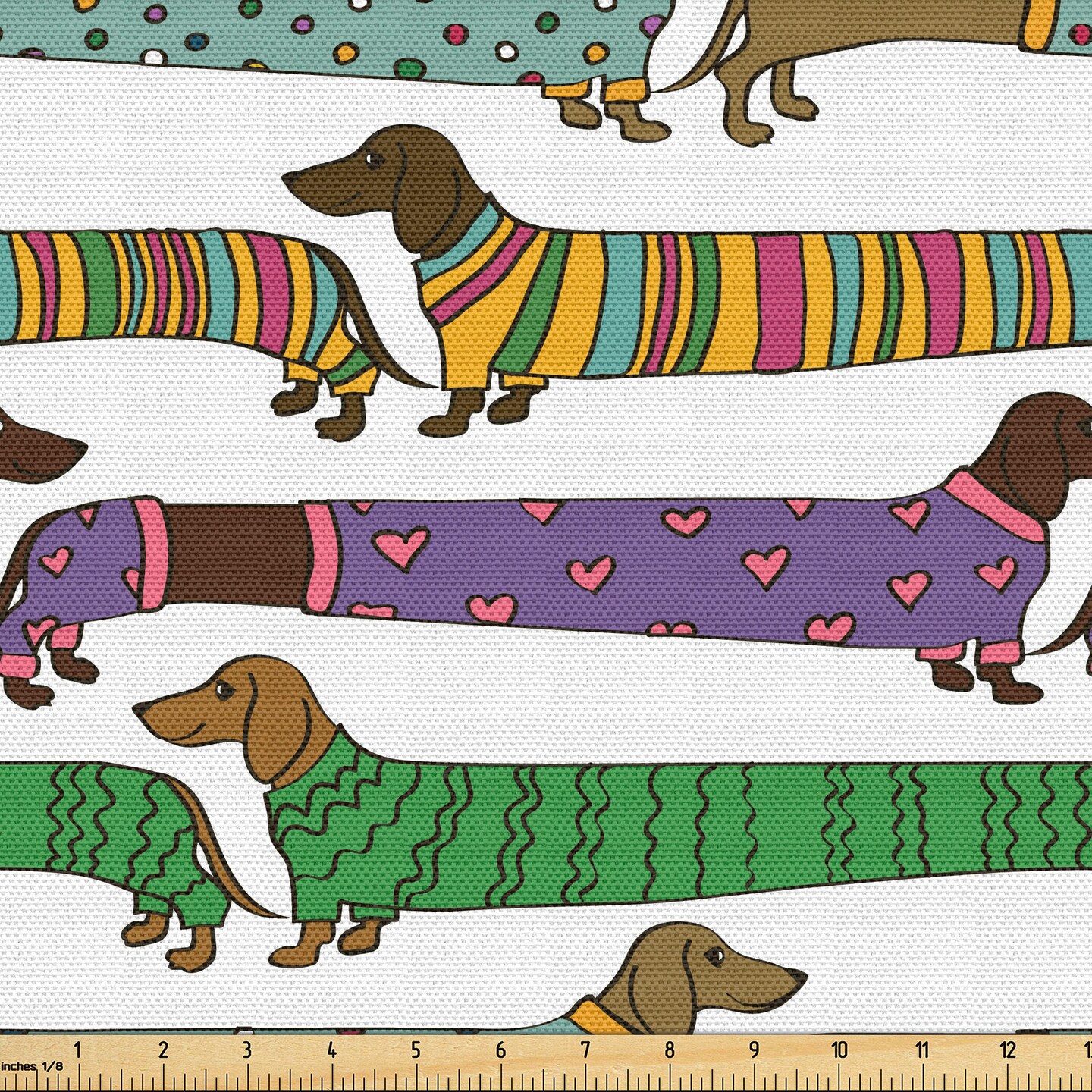 Ambesonne Dog Lover Fabric by The Yard, Cartoon Style Dachshunds Dressed in Pyjamas Chevron Lines Polka Dots and Hearts, Decorative Fabric for Upholstery and Home Accents, 1 Yard, Brown
